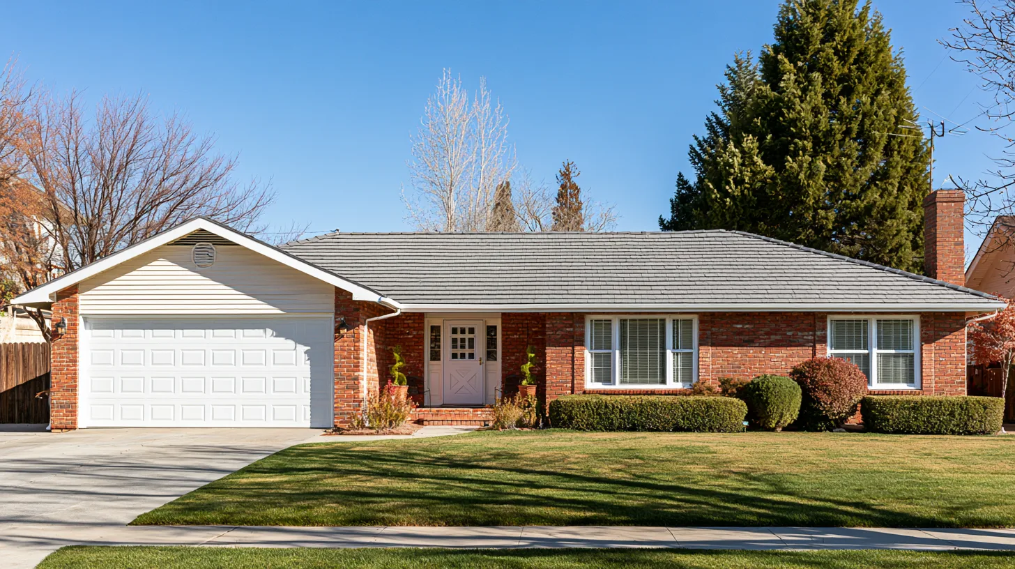 Illustrative brick-house roof with an intact gray shingle covering