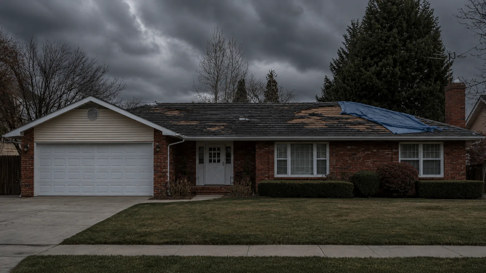 Illustrative brick-house roof with missing shingles, exposed areas and a blue tarp