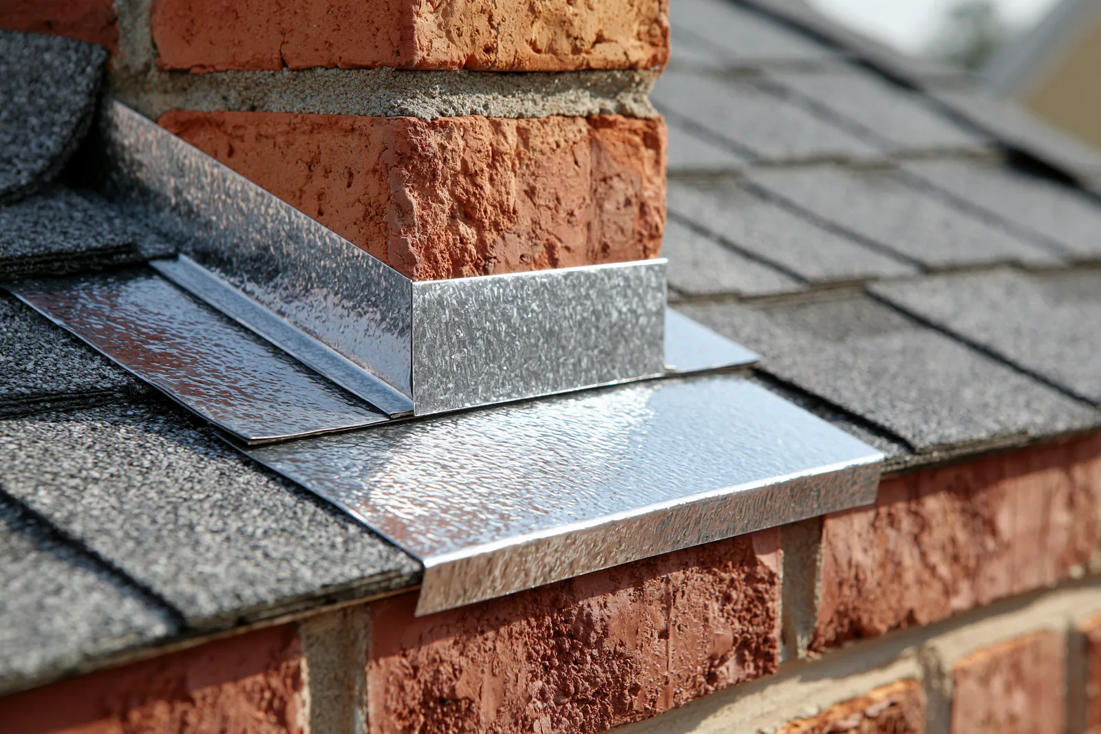 Metal flashing around the base of a brick chimney on a shingle roof.