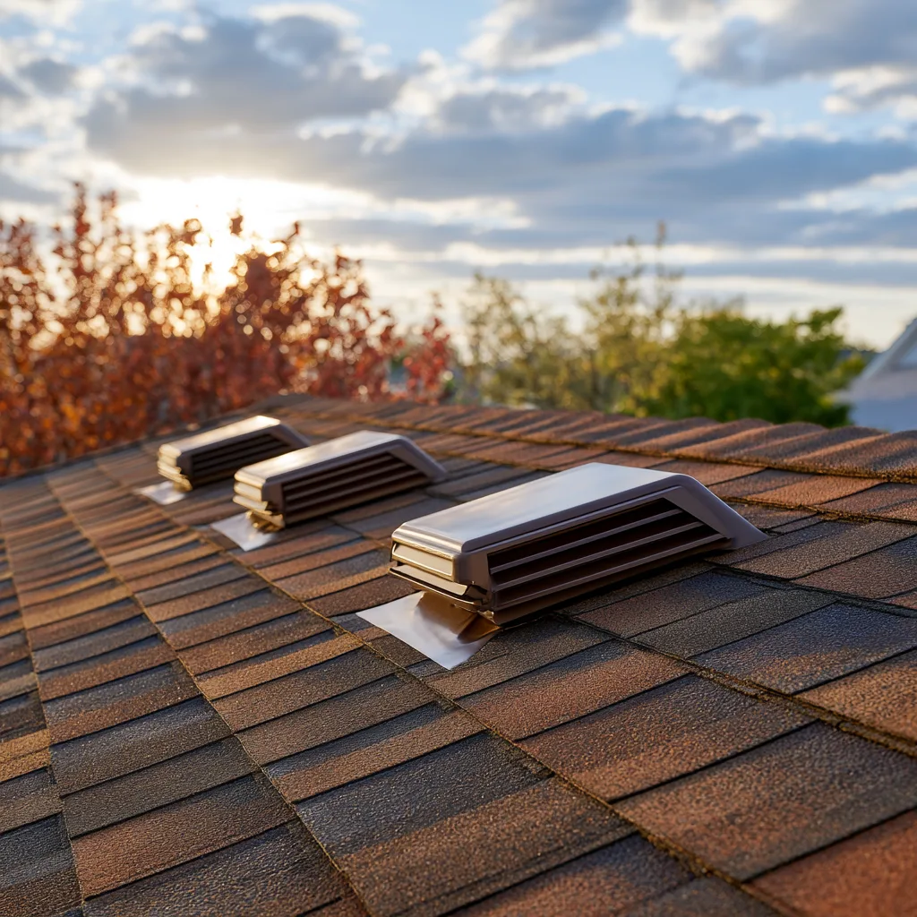 Low box vents in a row near a shingle roof ridge