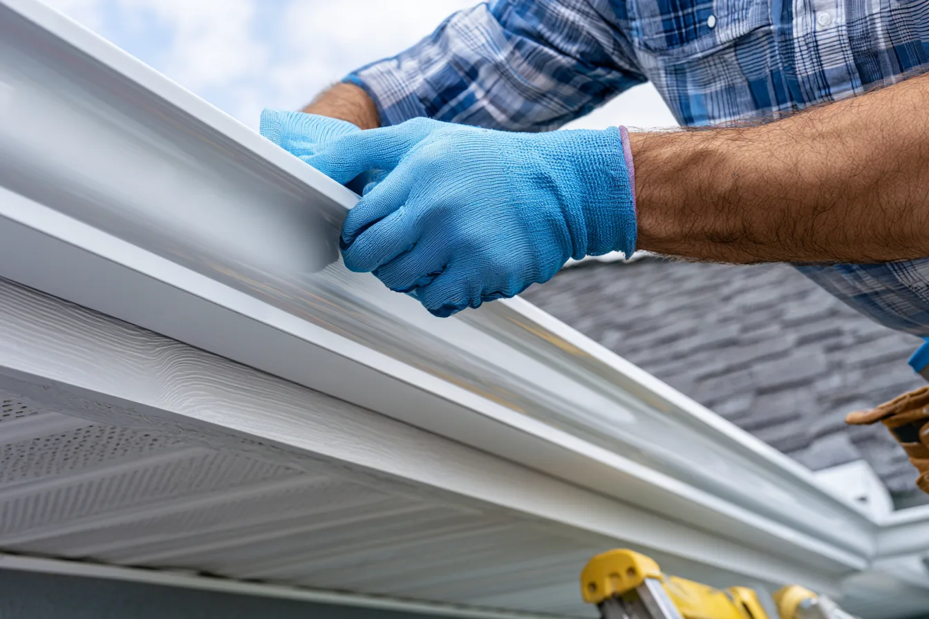 Gloved hands fitting a white gutter along a roof eave.