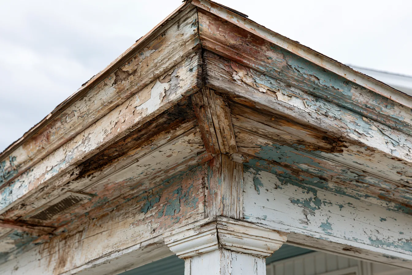 Deteriorated wood and peeling paint at a roof fascia corner.