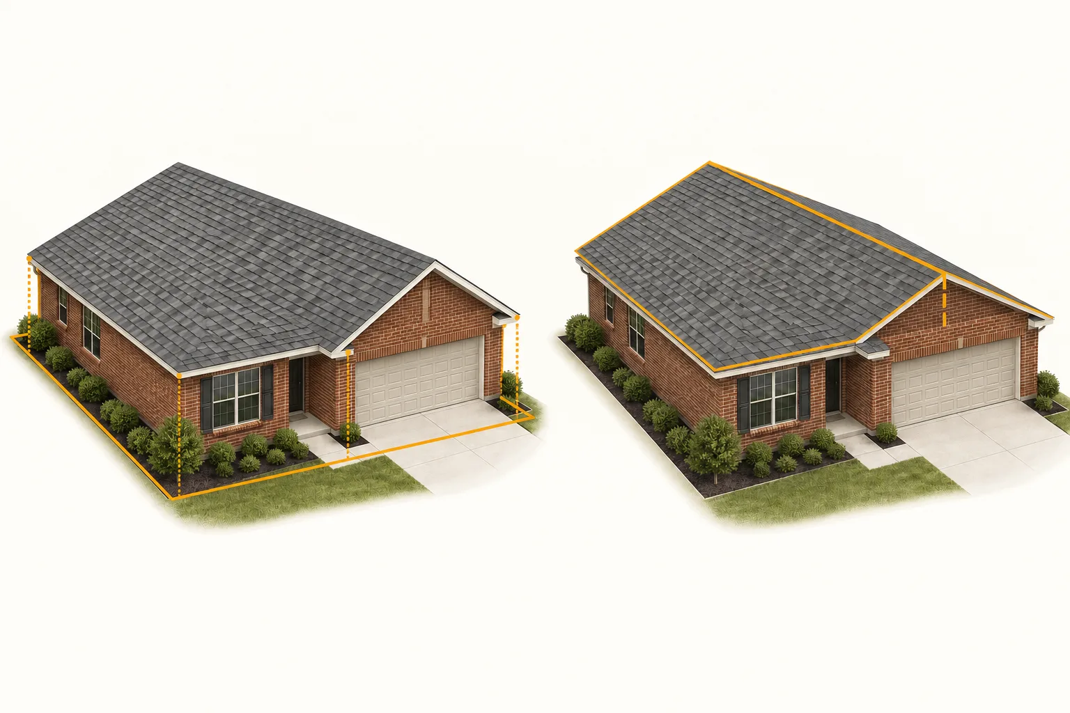 Diagram comparing horizontal roof footprint with sloped roof surface area