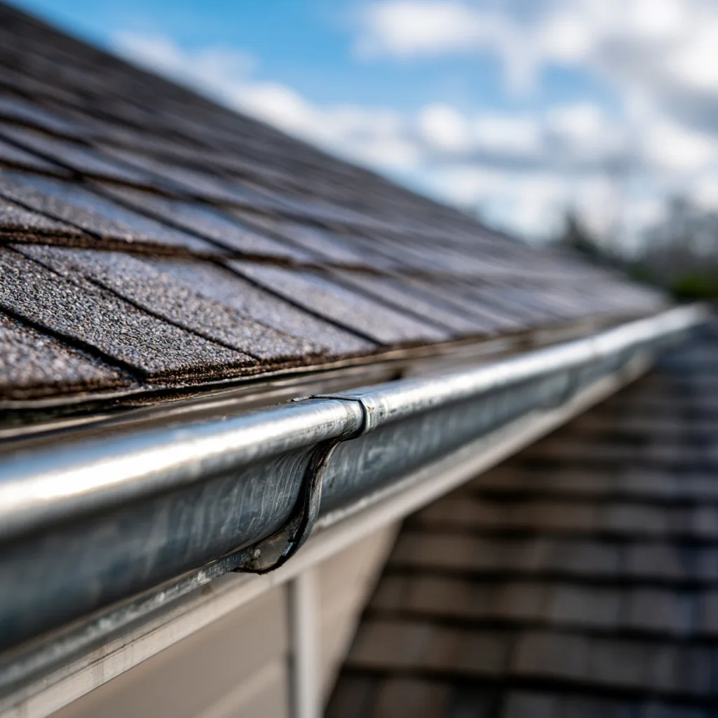 Metal gutter along a weathered shingle roof edge.