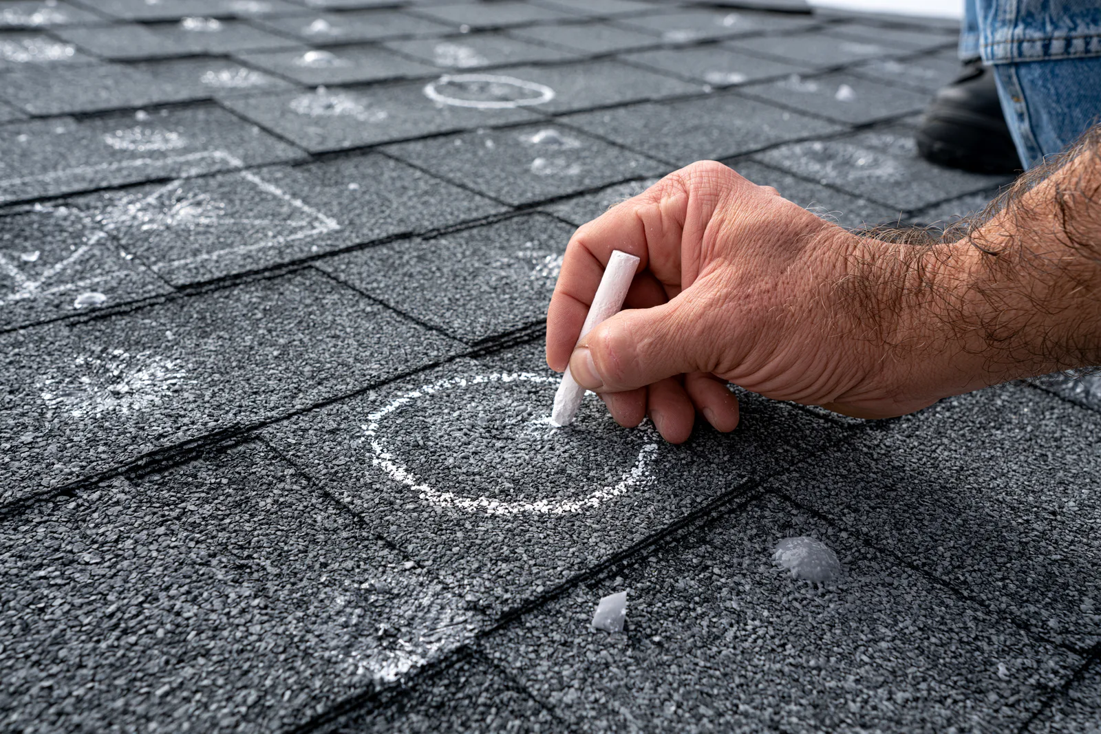 Hand drawing chalk circles around marked areas on gray shingles.