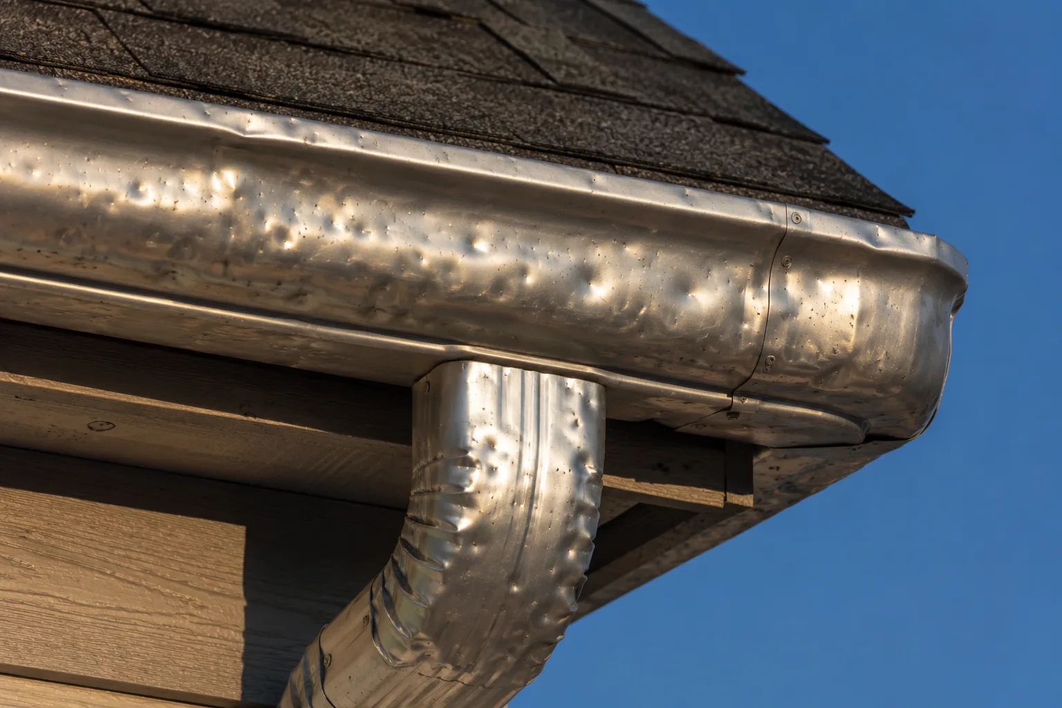 Hail-dented aluminum gutter and downspout at a roof corner.